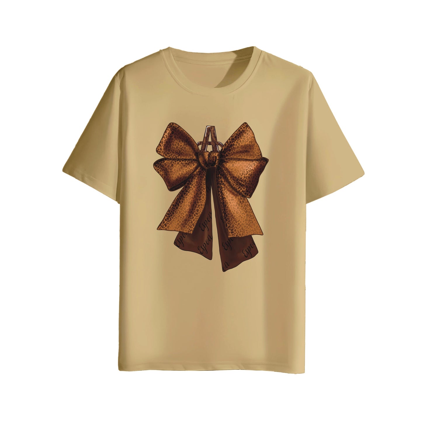 Beige t-shirt with a brown bow design on a white background
