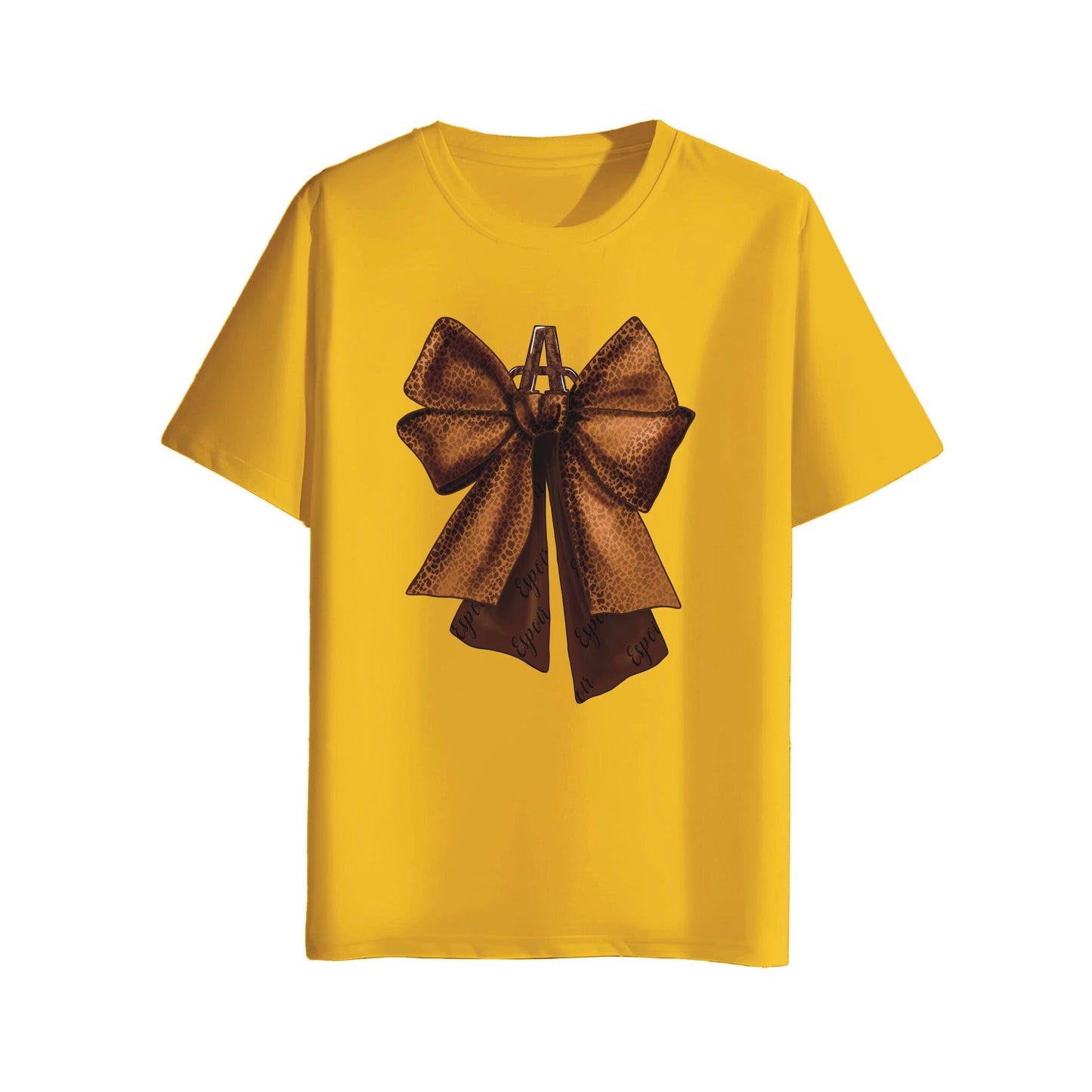 Mustard Yellow t-shirt with a large brown bow graphic on a white background