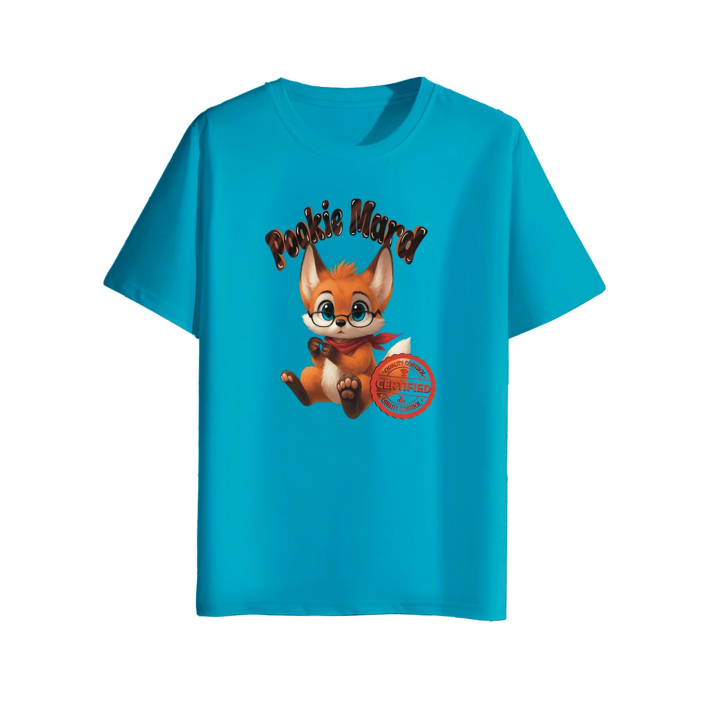 Aqua Blue t-shirt with a cartoon fox character and text on a white background