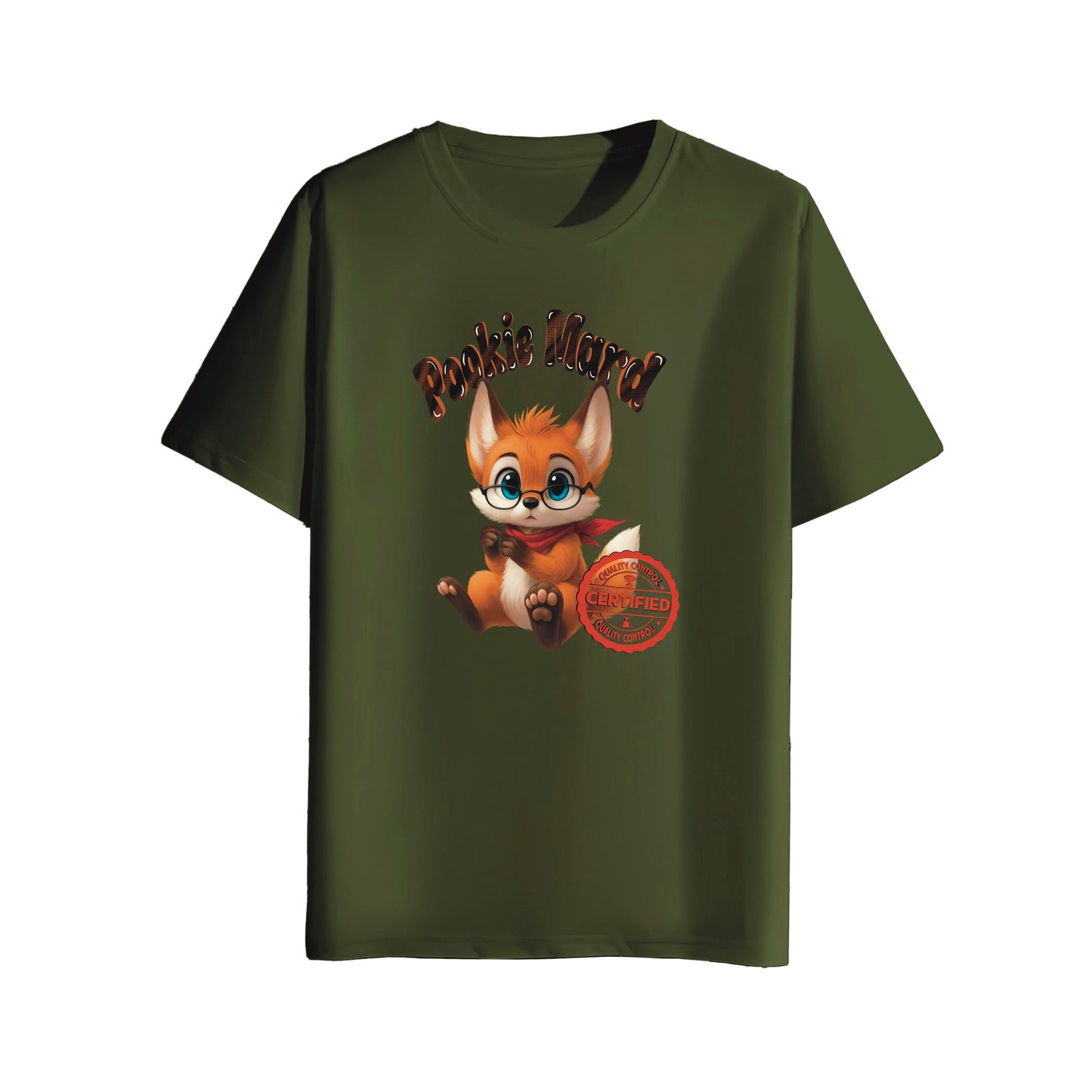 Olive Green t-shirt with a cartoon fox design and text on a white background