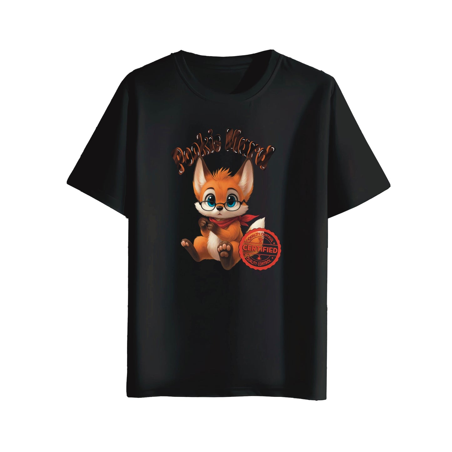 Black t-shirt with a cartoon fox design on a white background