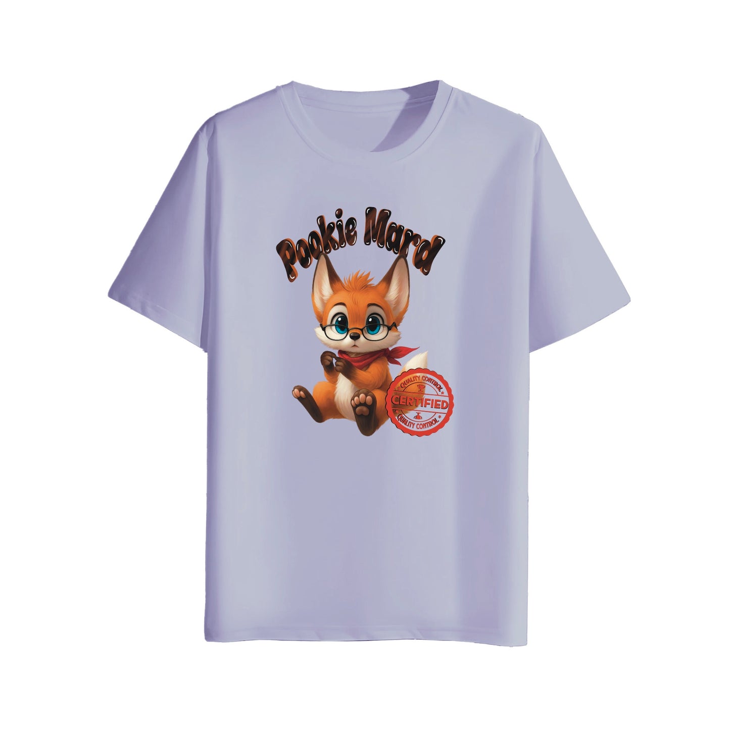Light purple t-shirt with cartoon fox character and 'Pookie Mard' text on a white background