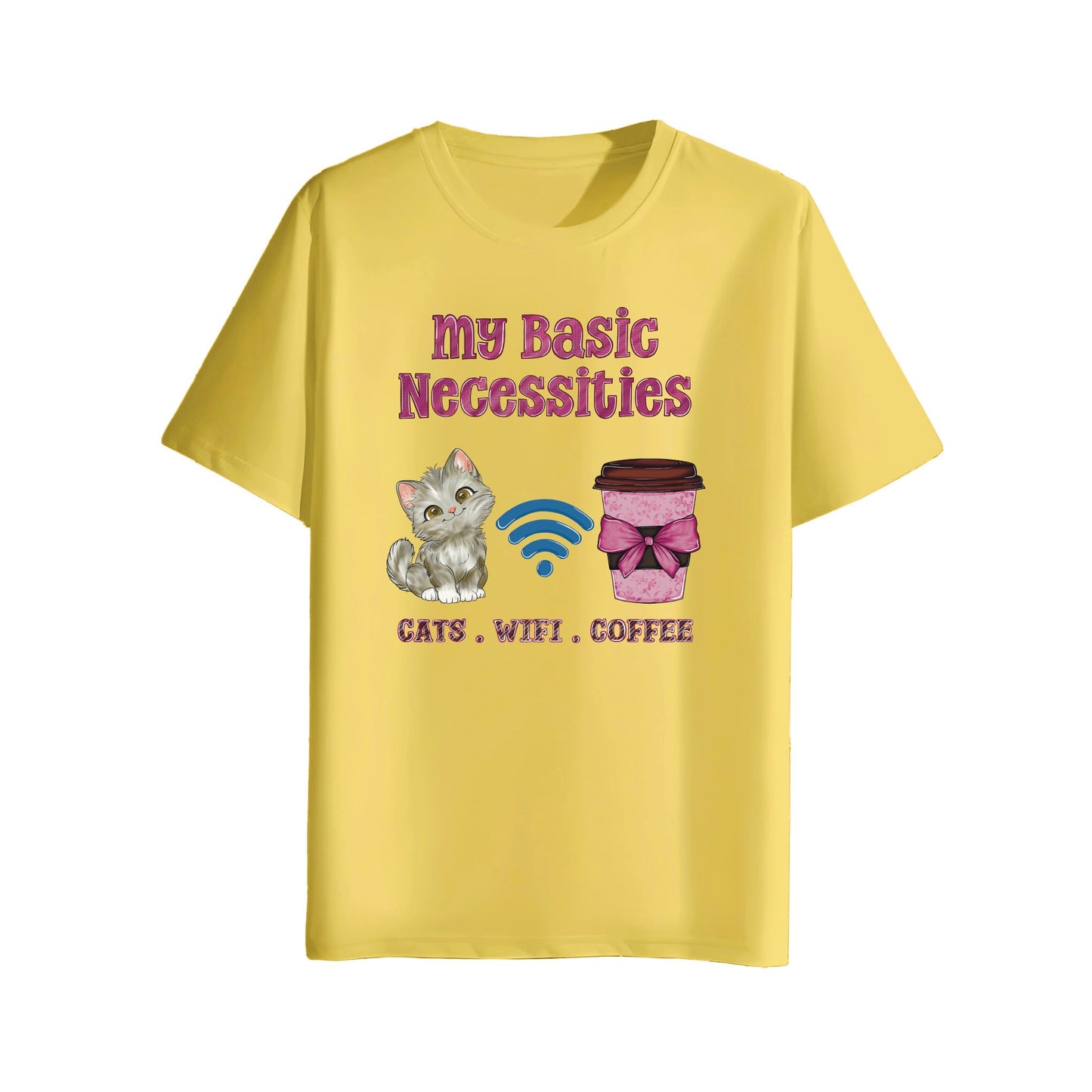 Yellow t-shirt with a graphic of a cat, coffee cup, and text on a white background