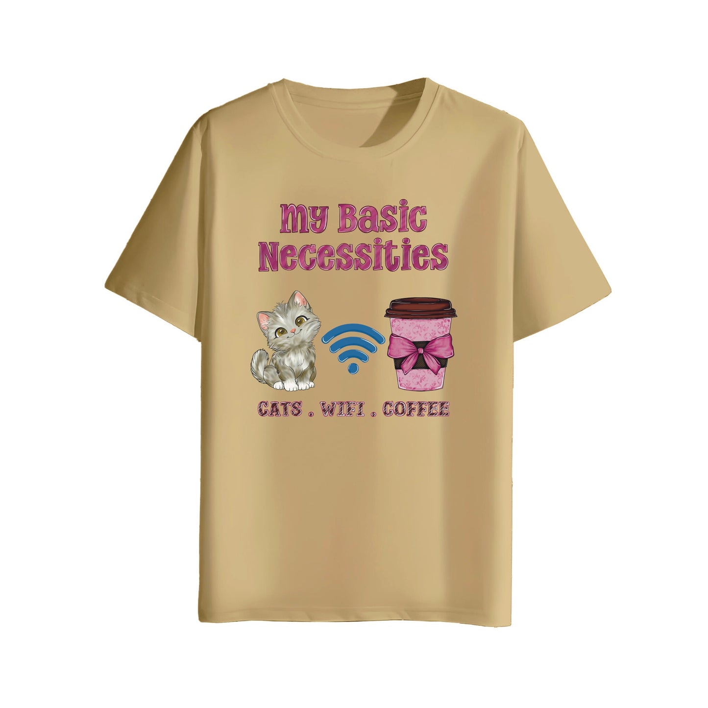 Beige t-shirt with a graphic of a cat, coffee cup, and text on a white background