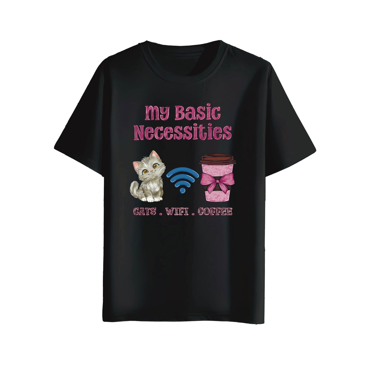Black t-shirt with a graphic of a cat, WiFi symbol, and coffee cup with text 'my Basic Necessities: Cats. WiFi.