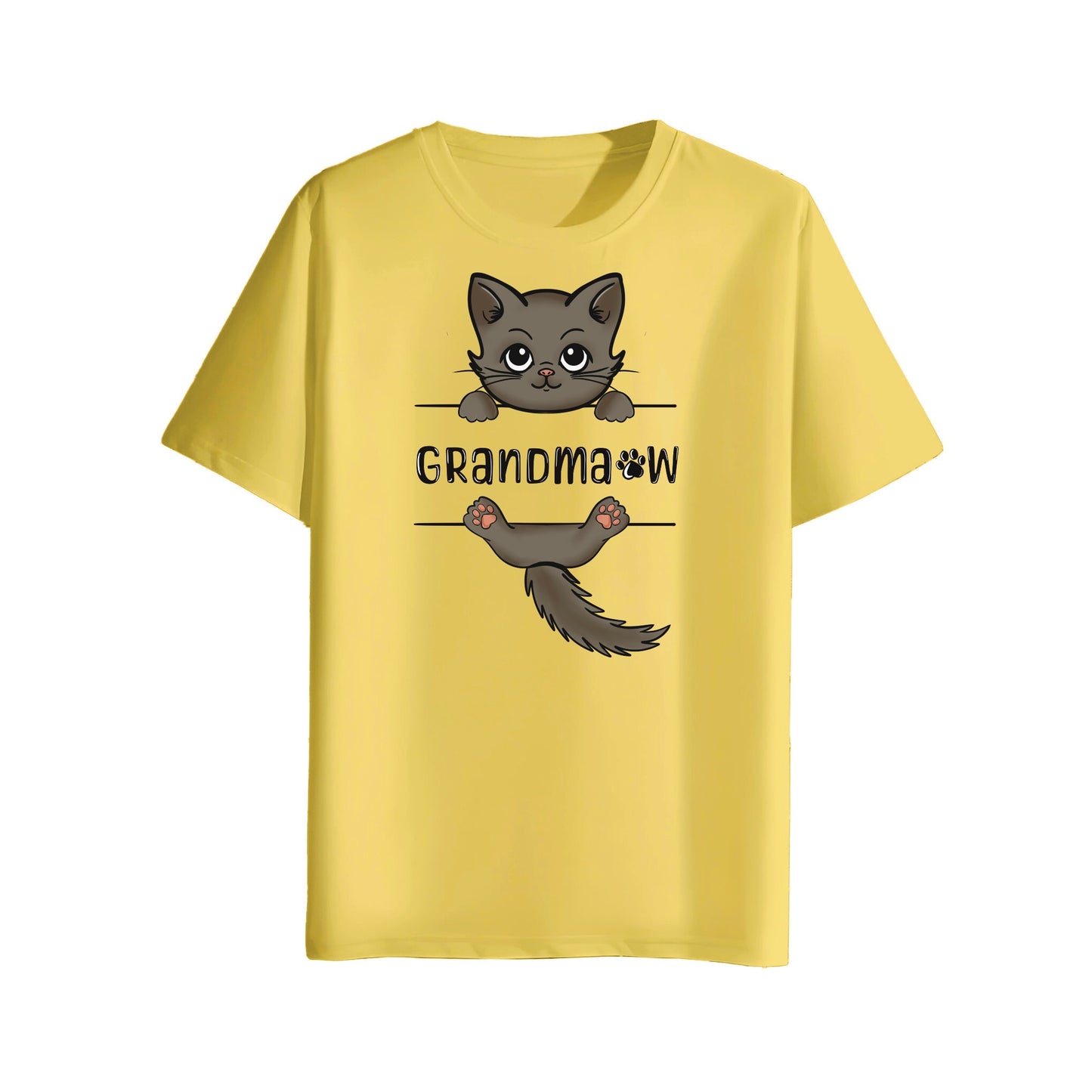 Yellow t-shirt with a cartoon cat and cat grandma text design on a white background