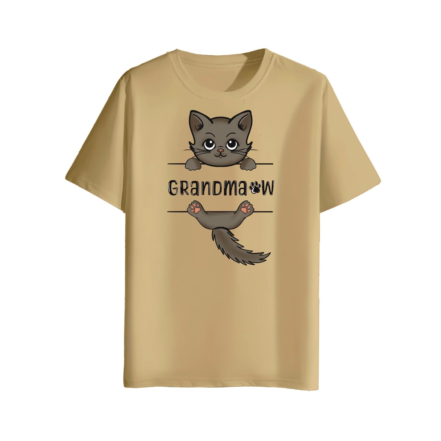 Beige t-shirt with a graphic of a cat and text on a white background