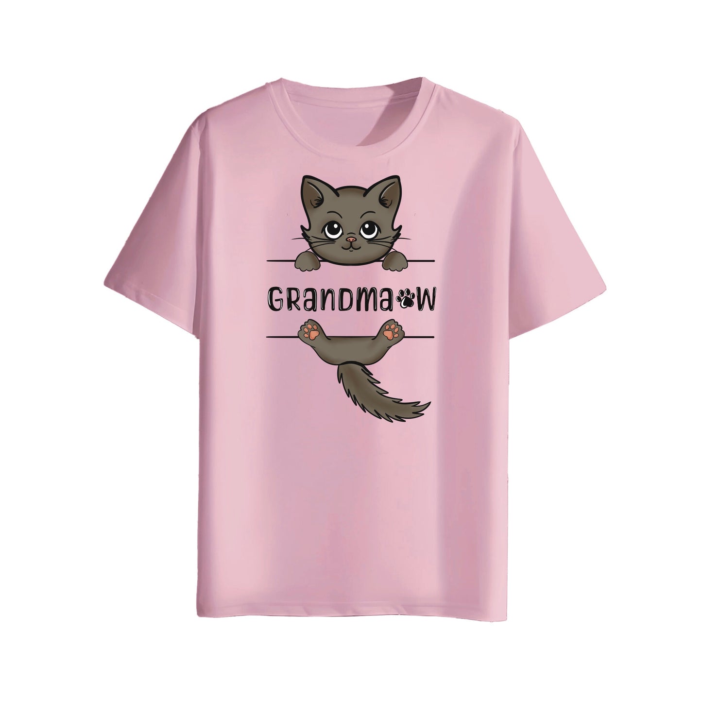 Pink t-shirt with a cat graphic and 'Grandma' text on a white background