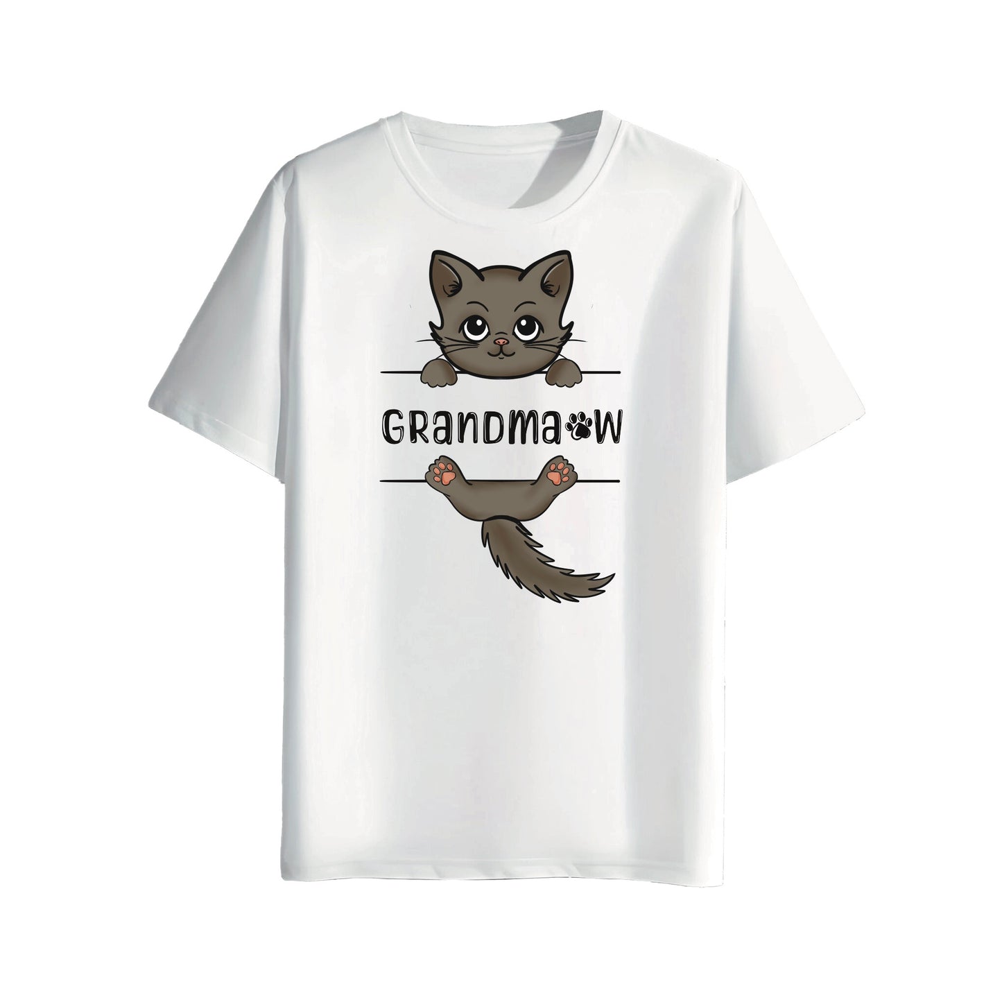 White t-shirt with a cartoon cat and sloth design and 'GRANDMAOW' text on a white background
