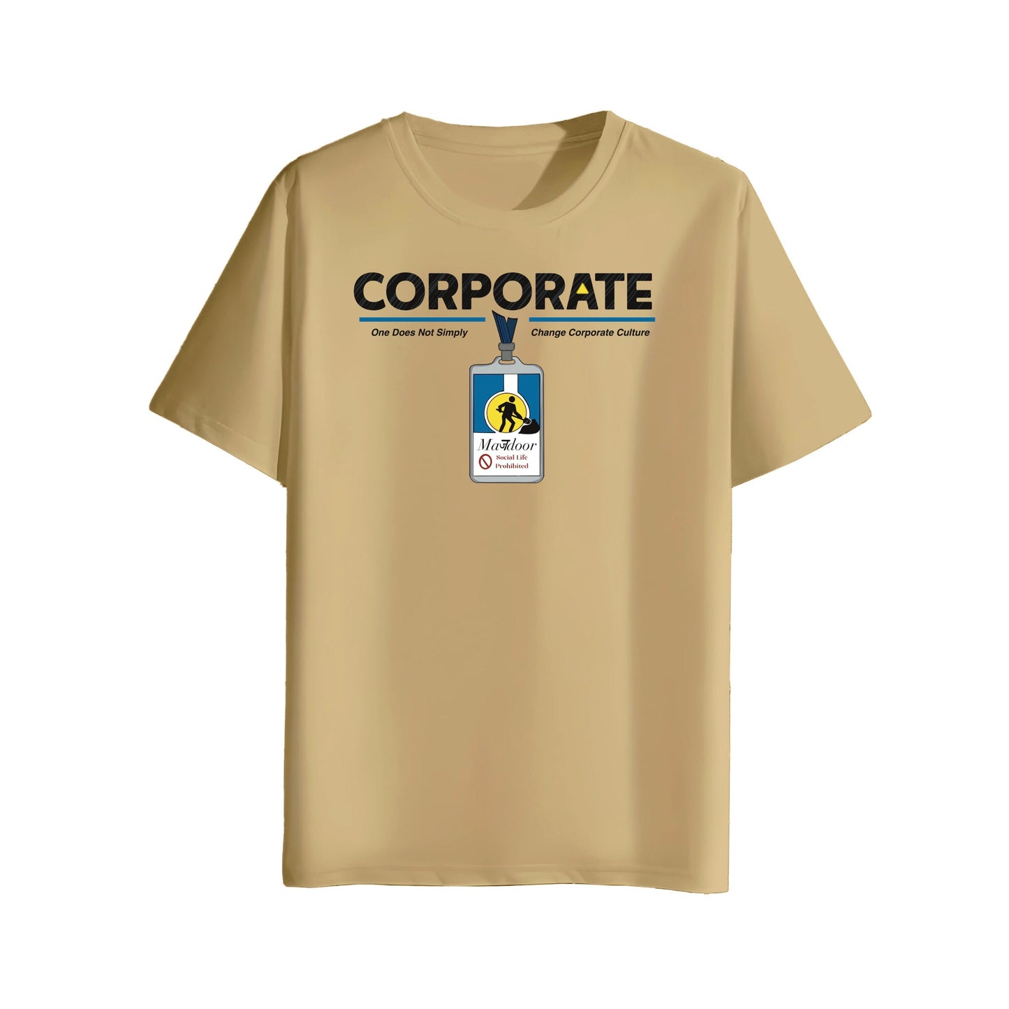 beige t-shirt with a graphic design of corporate mazdoor id badge on a white background