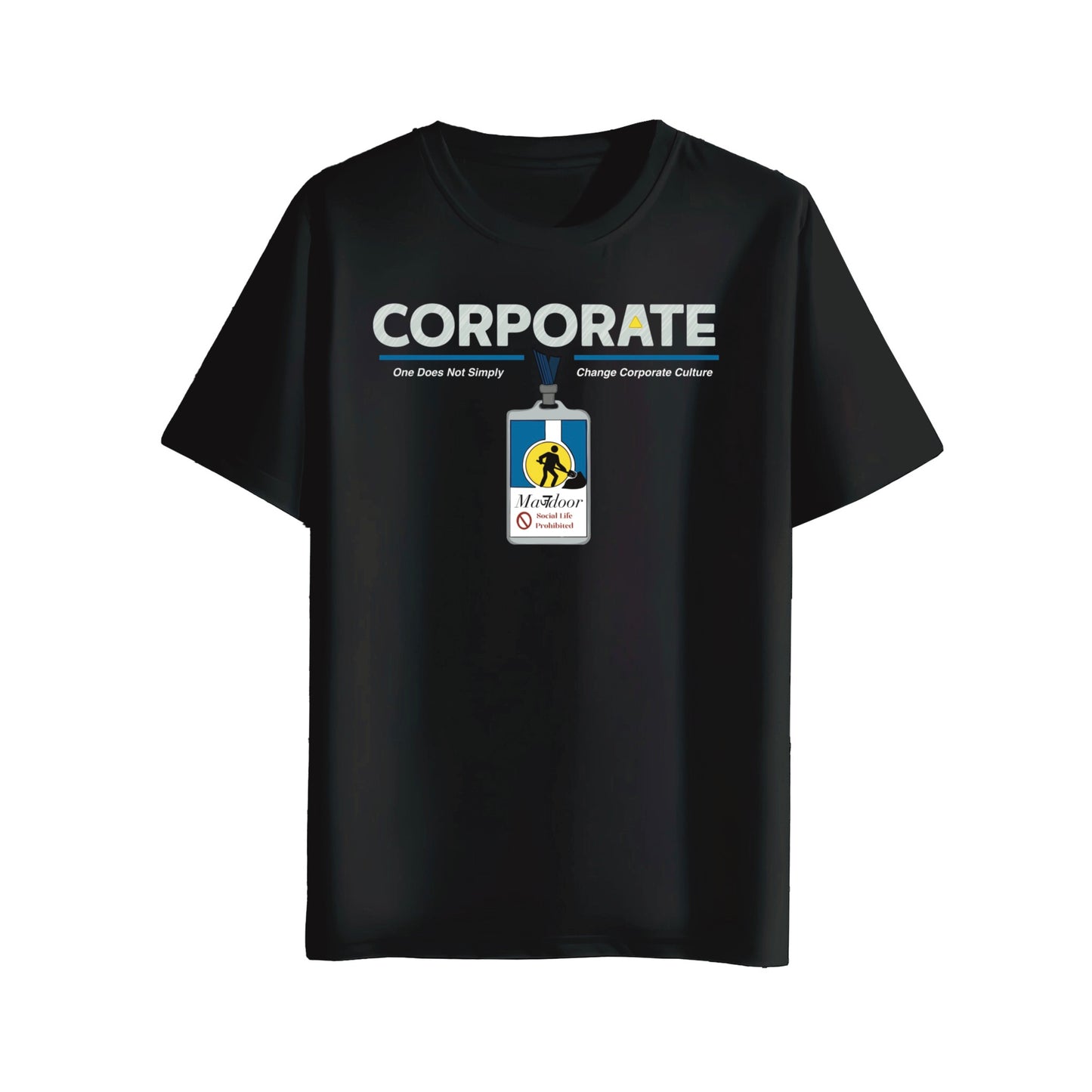 black t-shirt with a graphic design of corporate mazdoor id badge on a white background