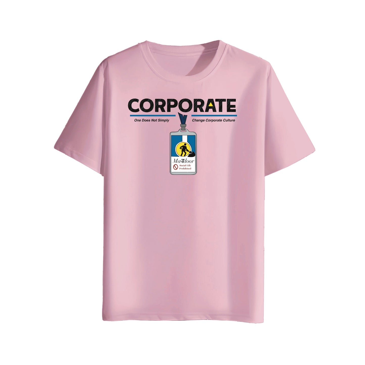 pink t-shirt with a graphic design of corporate mazdoor id badge on a white background