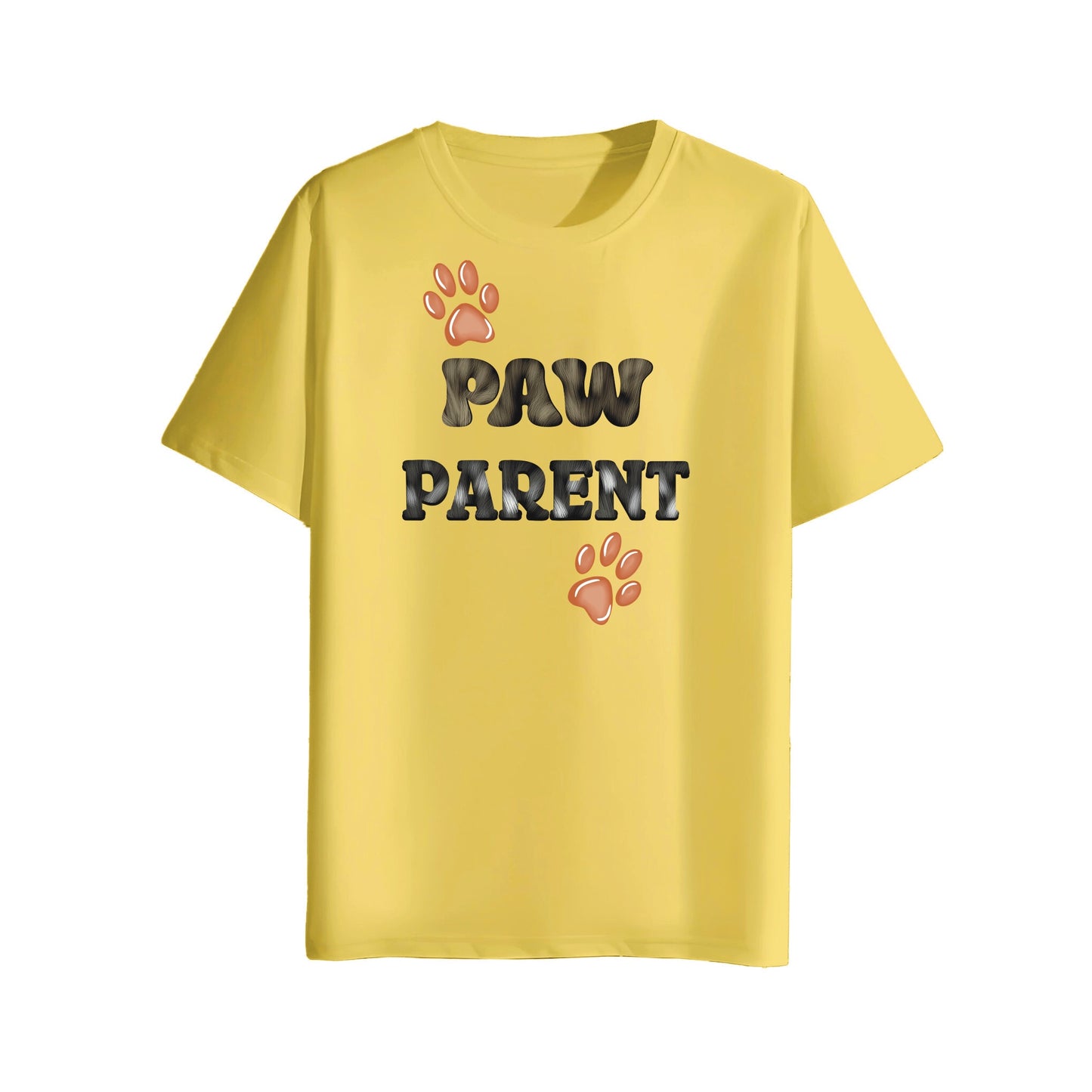 Yellow t-shirt with 'PAW PARENT' text and paw prints on a white background
