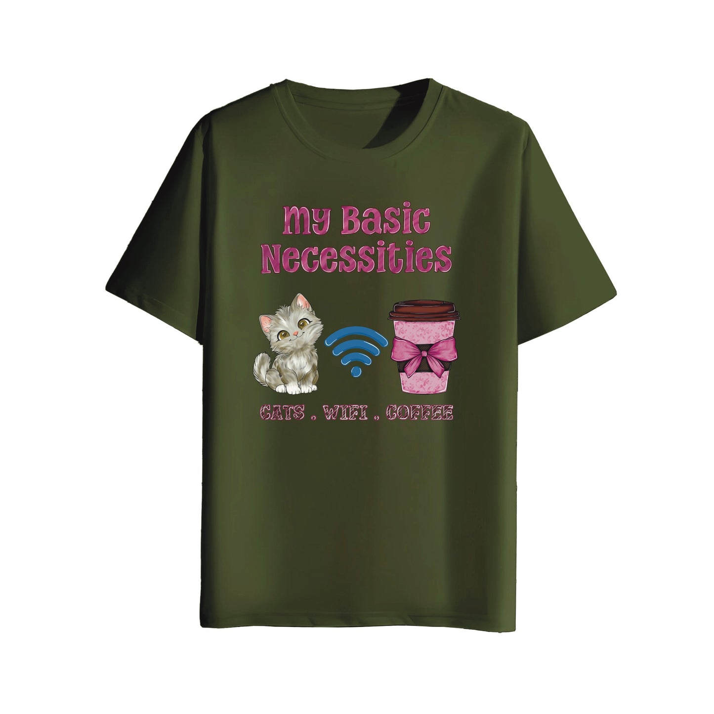 Green t-shirt with a graphic design featuring a cat, Wi-Fi symbol, and a jar on a white background.