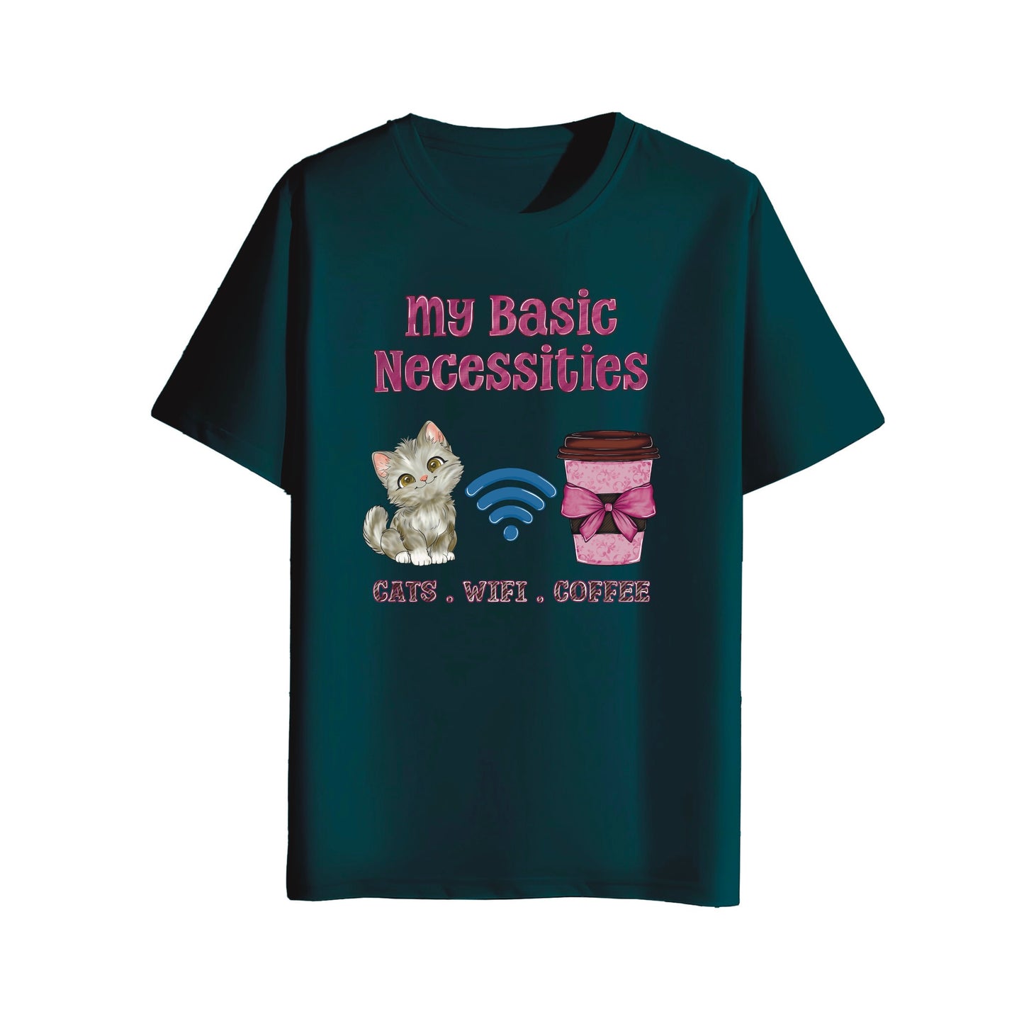 petrol blue t-shirt with a cat, WiFi signal, and coffee cup graphic and text on a white background