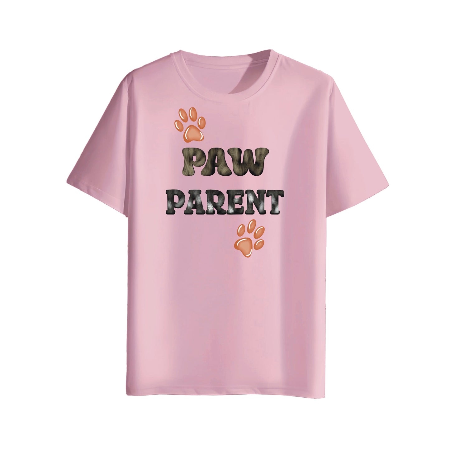 Pink t-shirt with 'PAW PARENT' text and paw prints on a white background