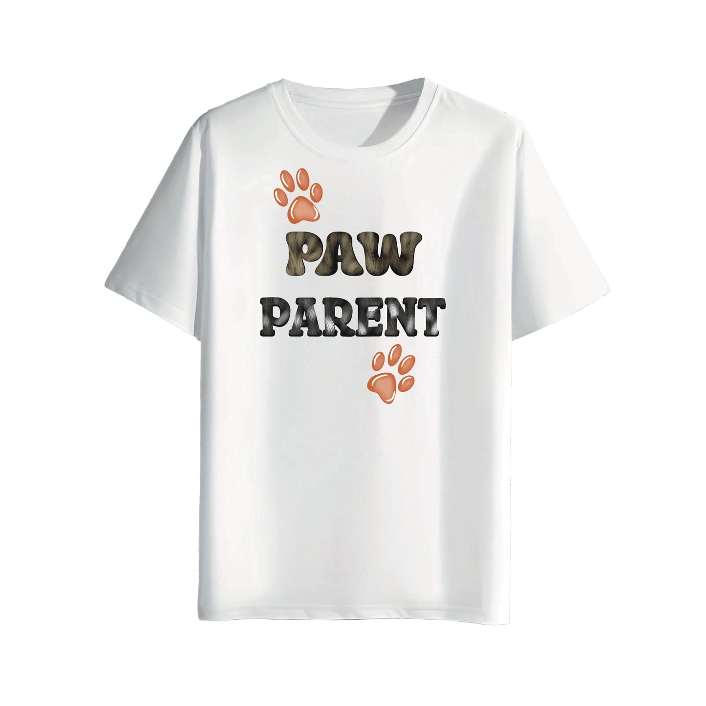 White t-shirt with 'PAW PARENT' text and paw prints on a white background