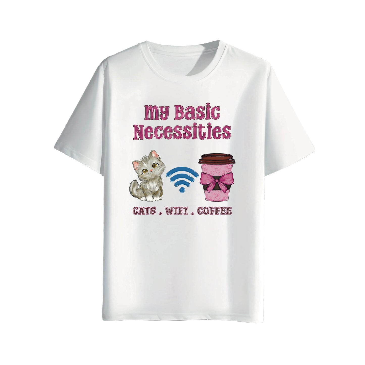White t-shirt with graphic design and text 'my Basic Necessities: Cats, Wifi, Coffee' on a white background