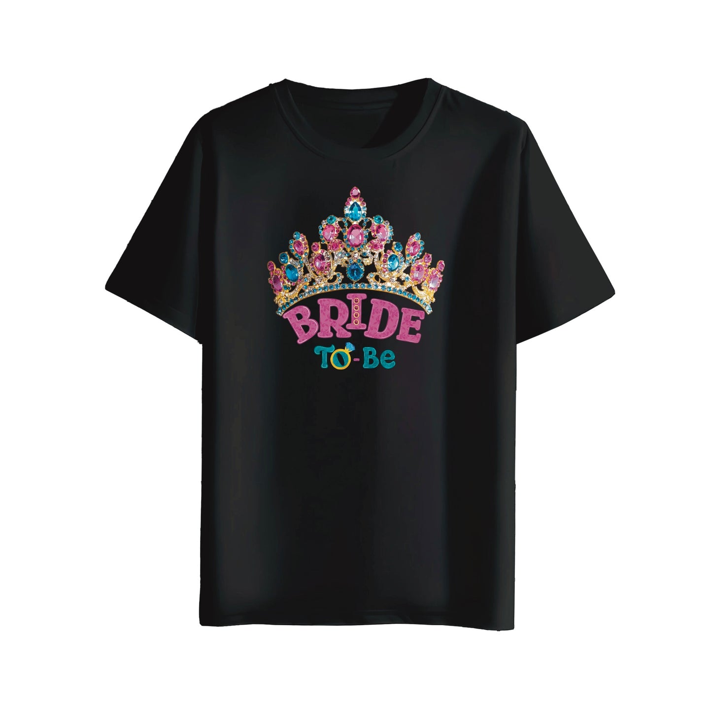 Black t-shirt with a colorful crown and 'Bride To Be' text on a white background