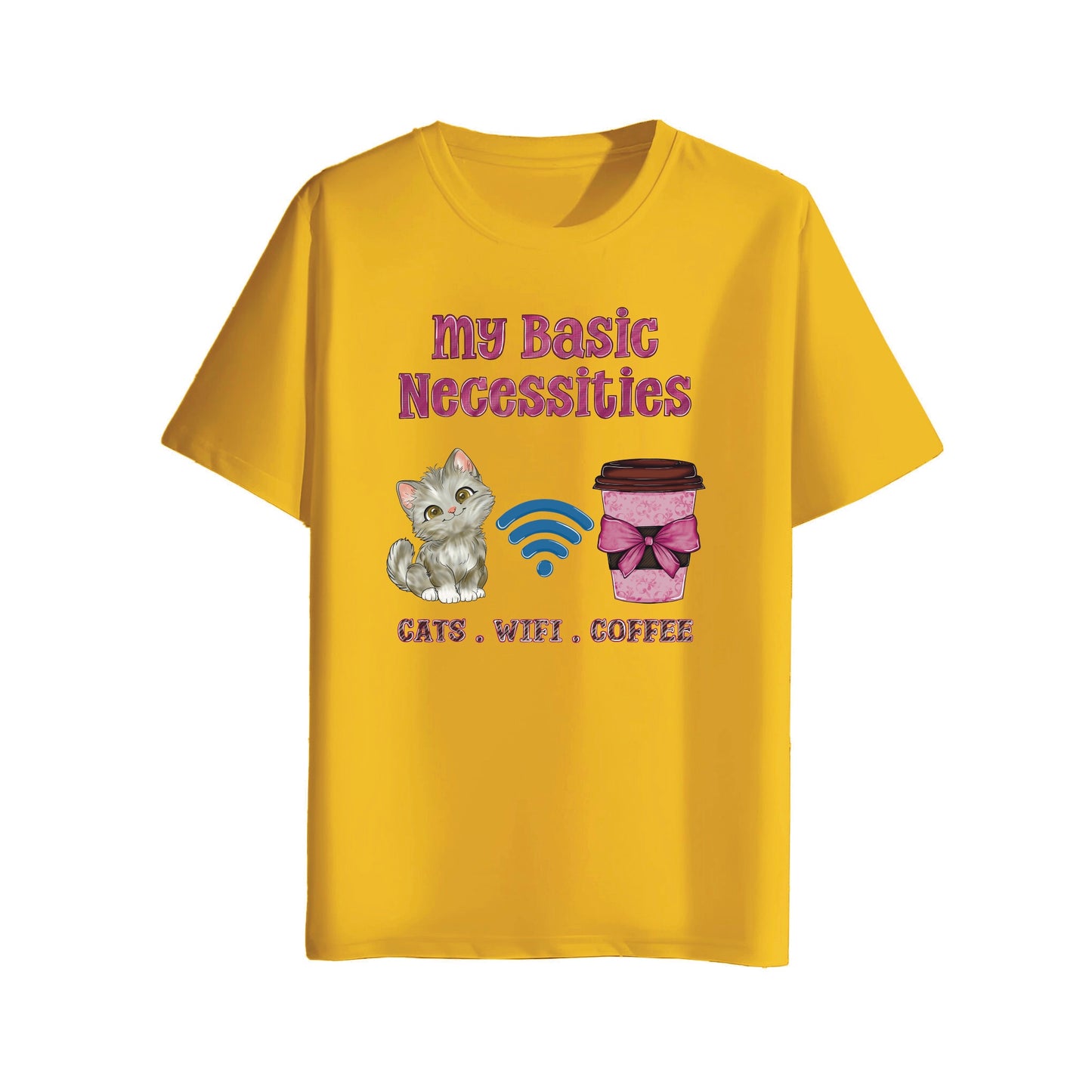 Yellow t-shirt with a graphic of a cat, coffee cup, and wifi symbol on a white background