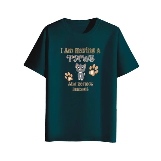 Teal t-shirt with a cat graphic and text on a white background