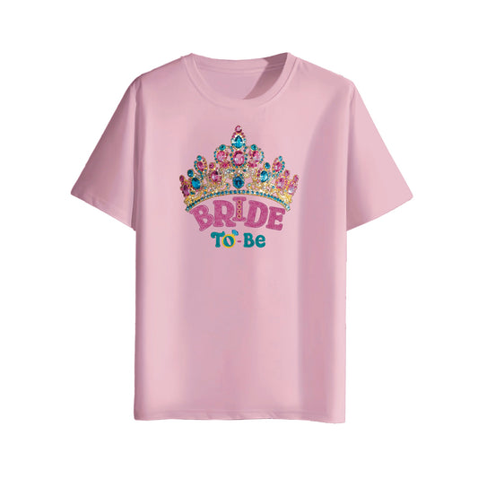 Pink t-shirt with 'Bride To Be' text and colorful crown design on a white background