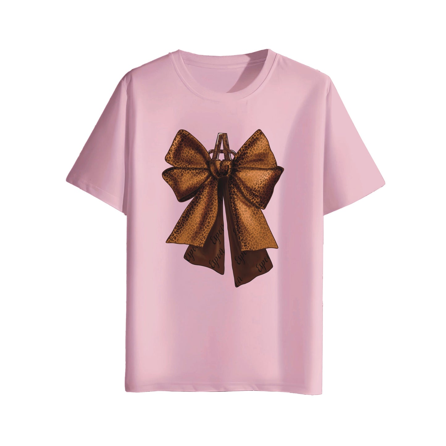 Pink t-shirt with a large brown bow graphic on a white background