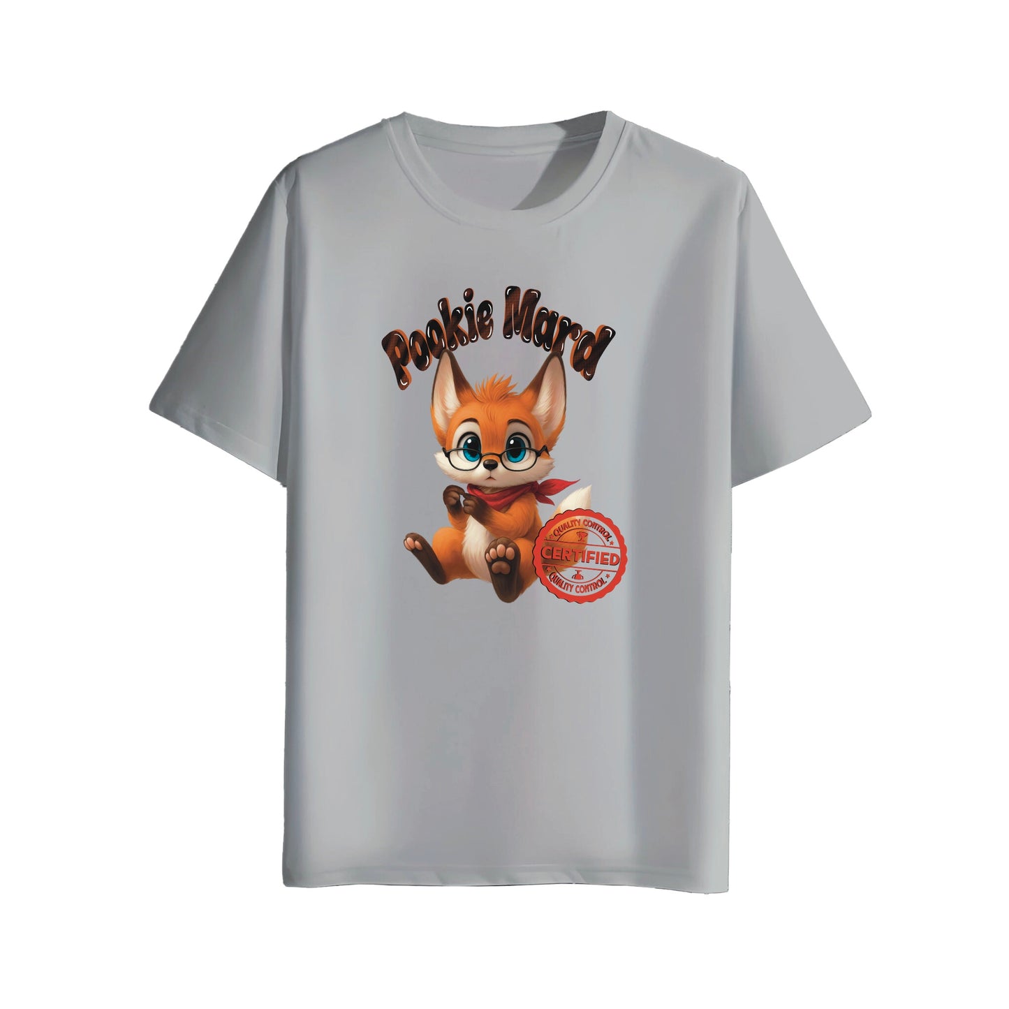 Gray t-shirt with a cartoon fox character and text on a white background