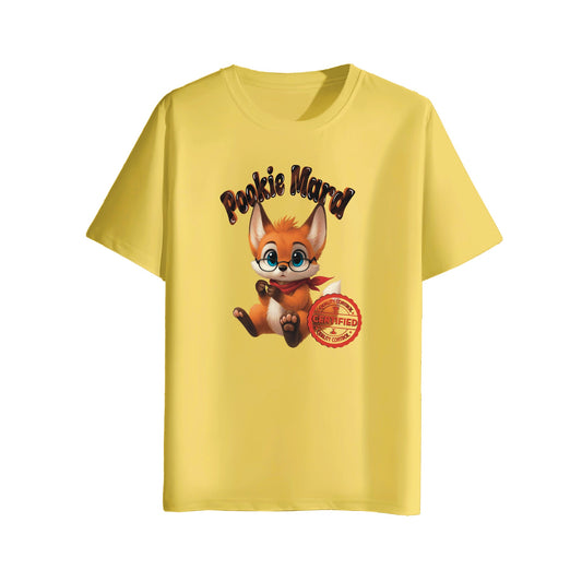 Yellow t-shirt with a cartoon fox character and 'Pookie Mard' text on a white background