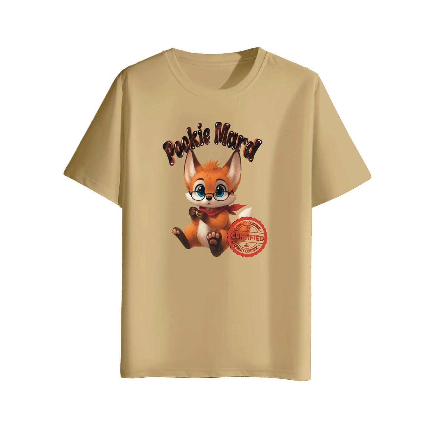 Beige t-shirt with a cartoon fox character and text on a white background