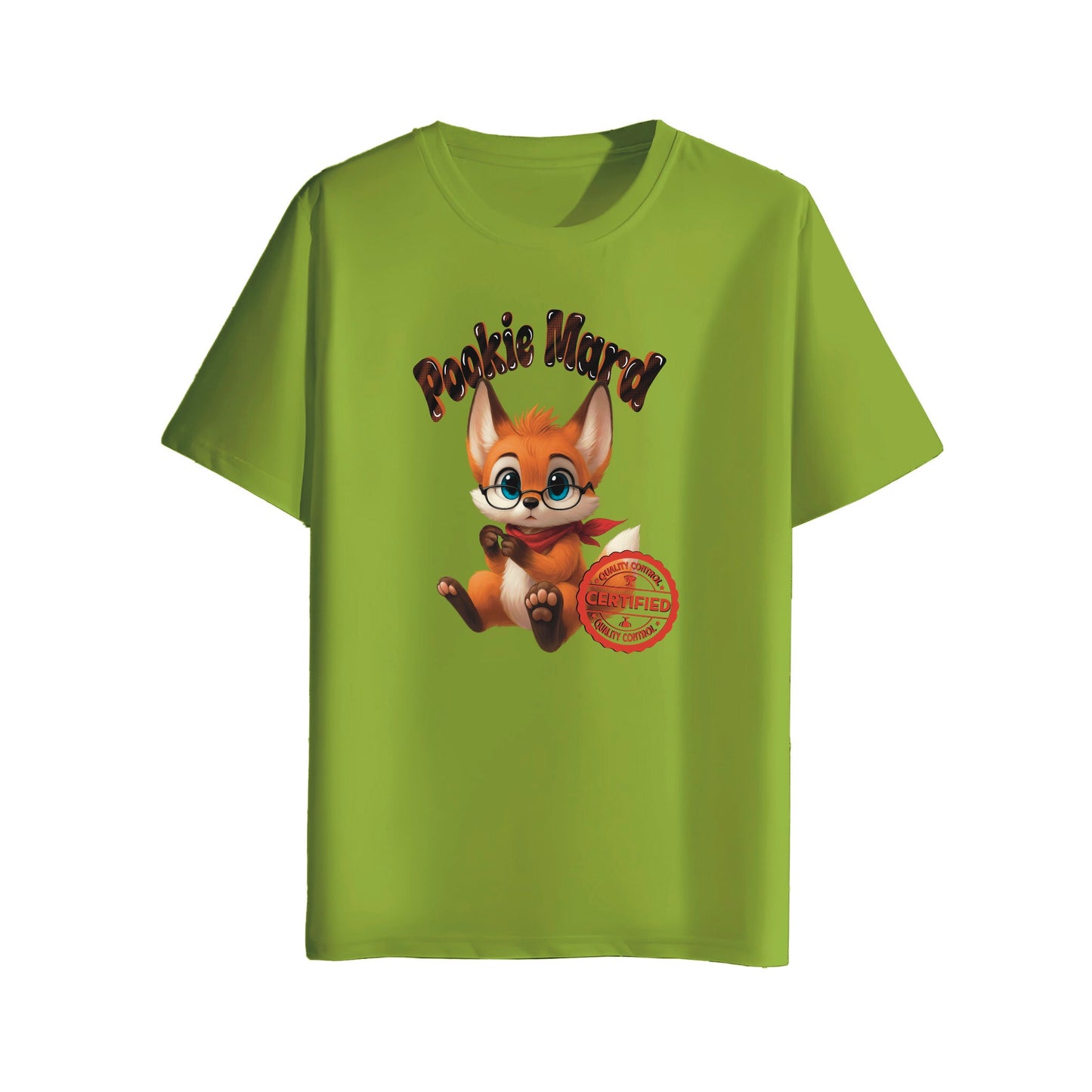 Green t-shirt with a cartoon fox character and 'Pookie Mard' text on a white background