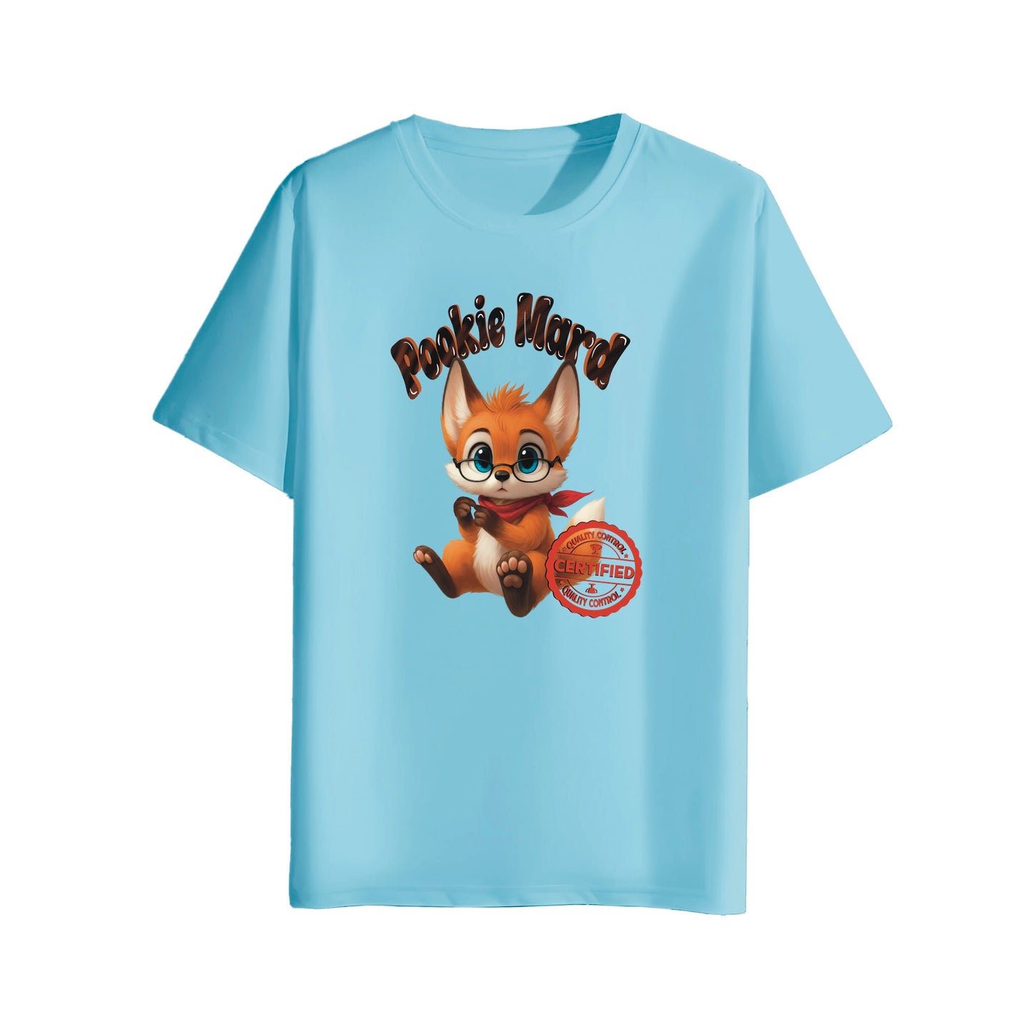 Light blue t-shirt with a cartoon fox character and text on a white background