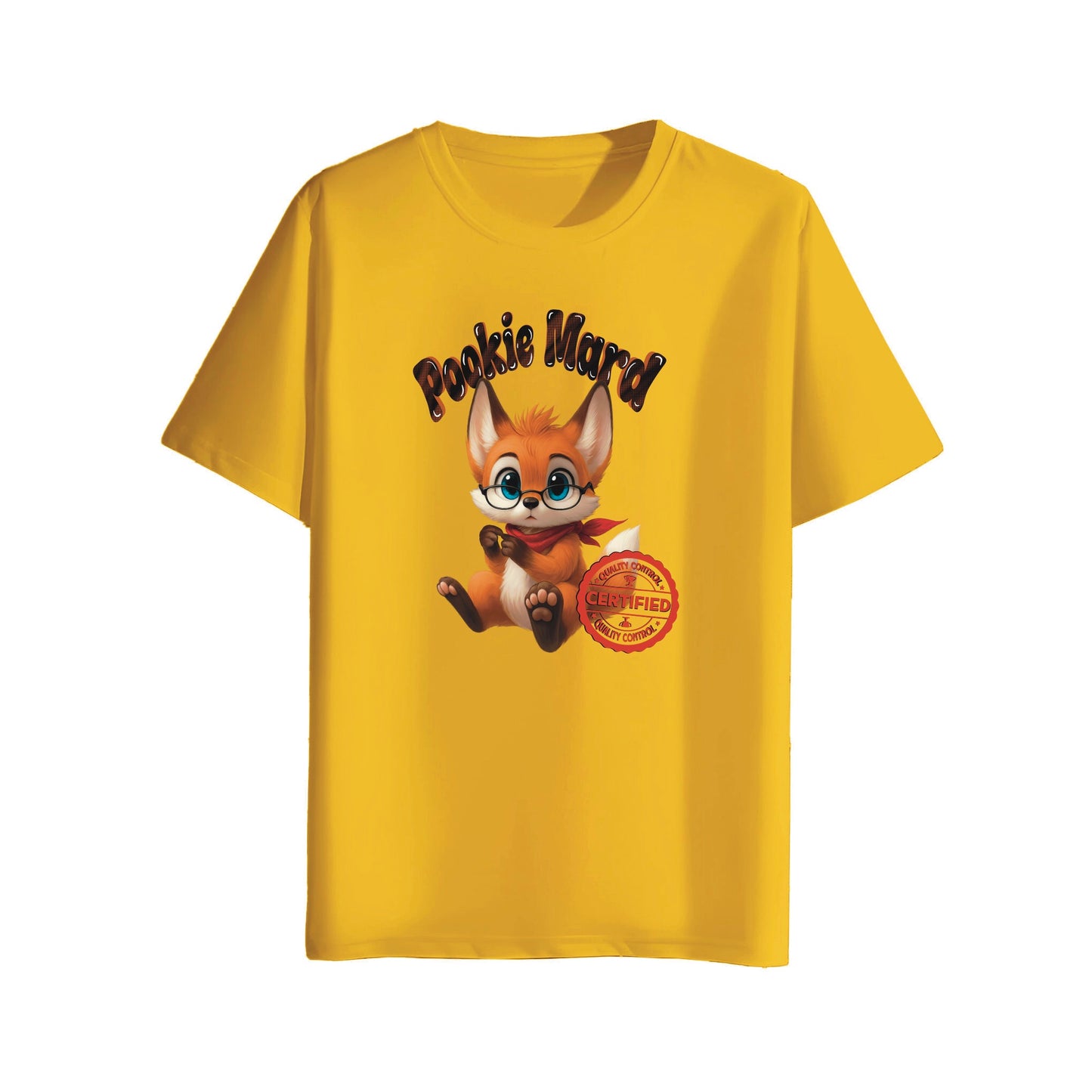 mustard Yellow t-shirt with a cartoon fox character and 'Pookie Mard' text on a white background