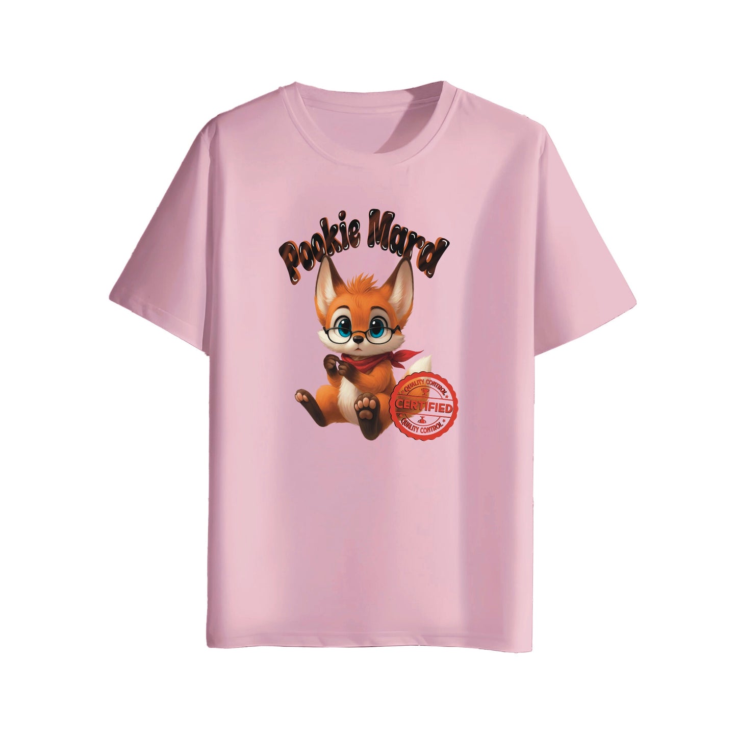 Pink t-shirt with cartoon fox character and 'Pookie Mard' text on a white background