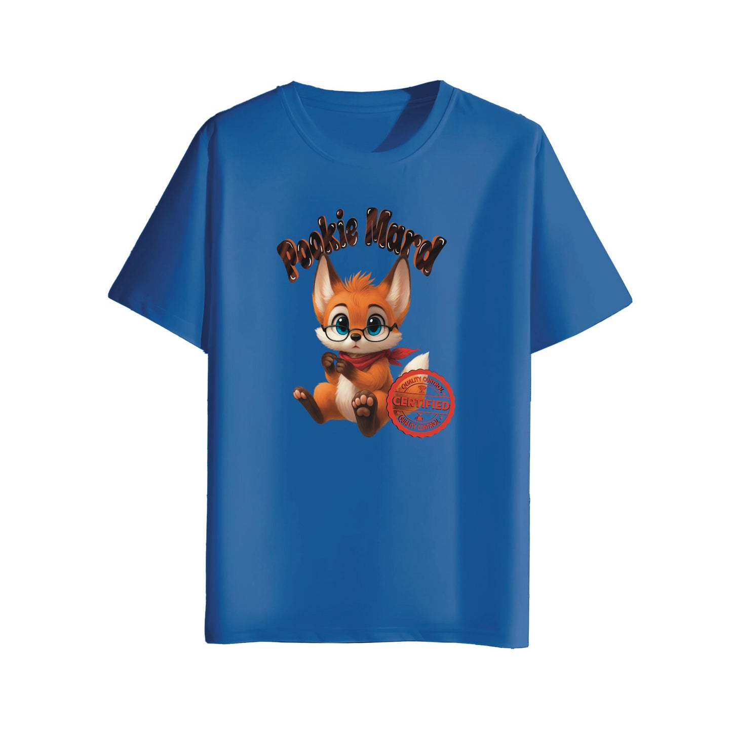 Blue t-shirt with a cartoon fox character and text on a white background