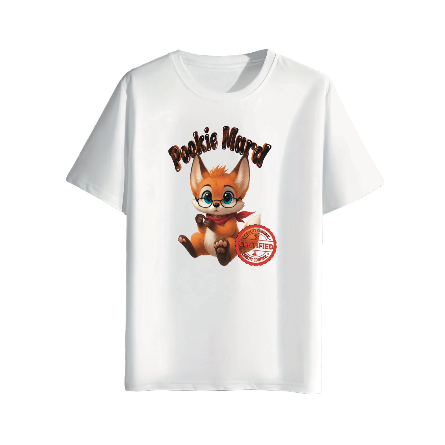White t-shirt with cartoon fox character and text on a white background