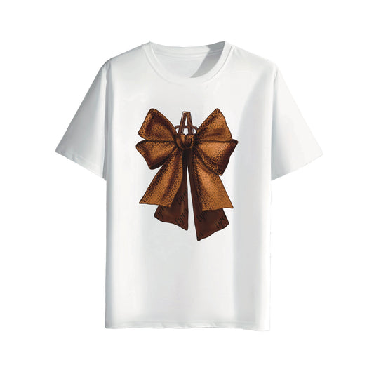 White t-shirt with a large brown bow graphic on a white background
