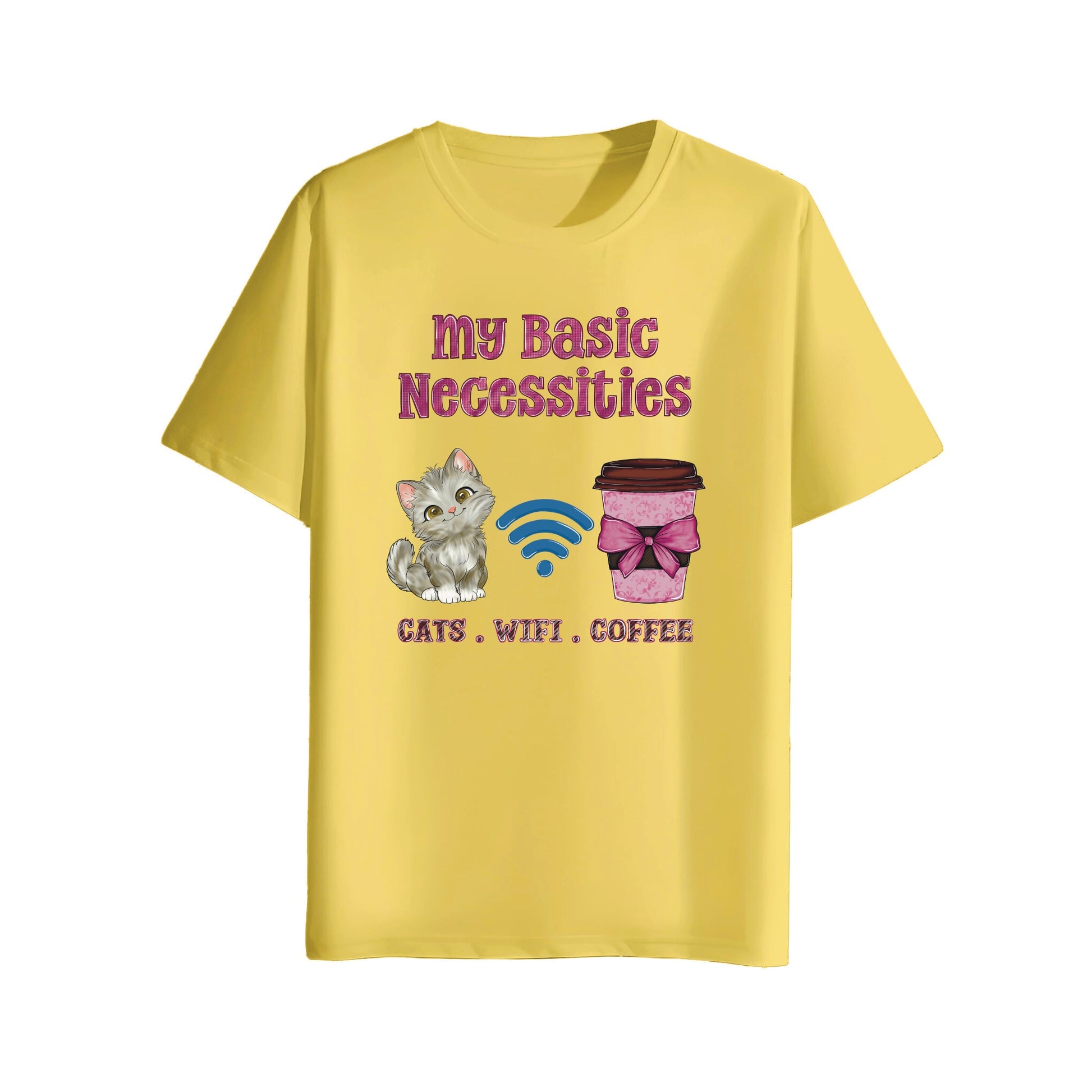 Yellow t-shirt with a graphic of a cat, coffee cup, and text on a white background