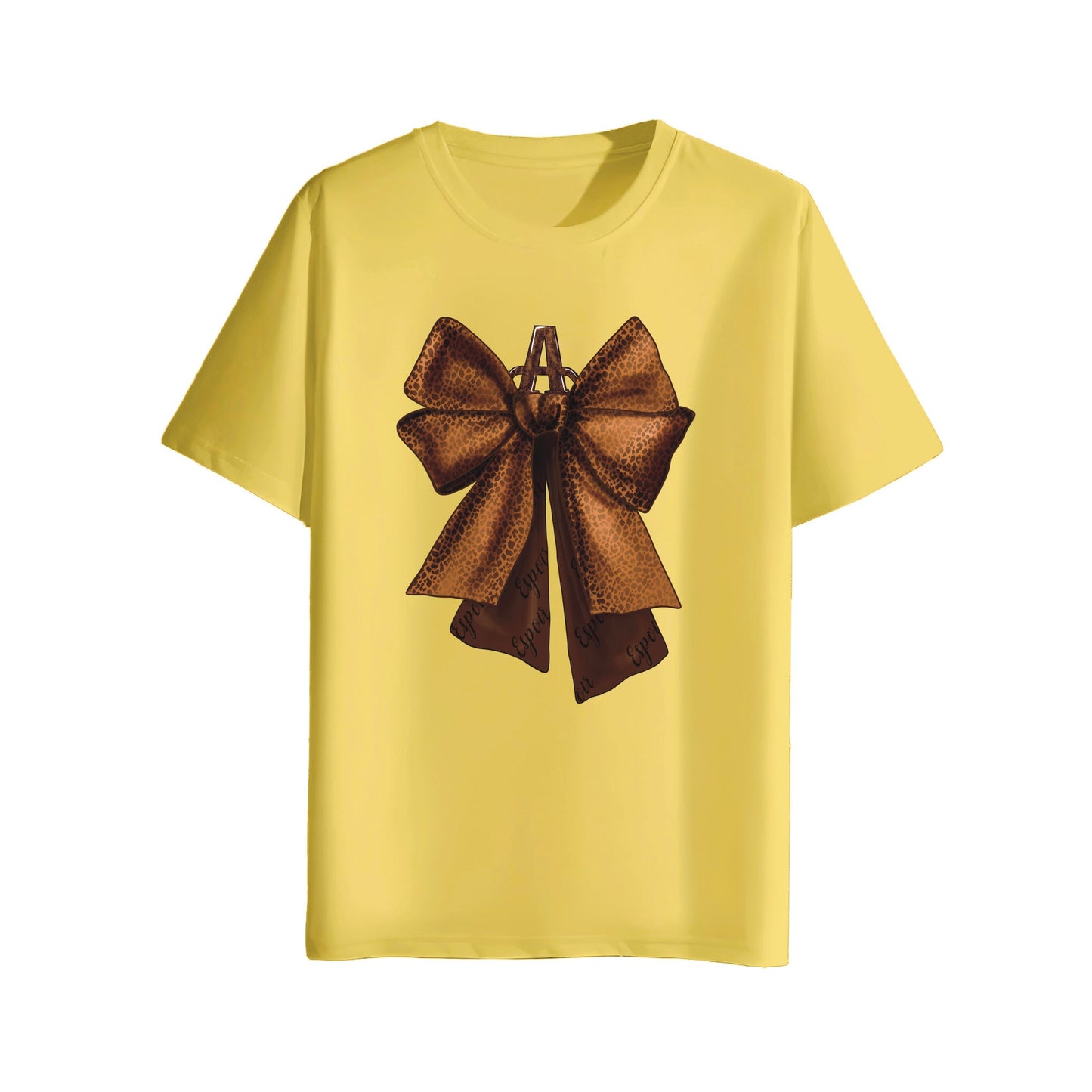 Yellow t-shirt with a large brown bow graphic on a white background