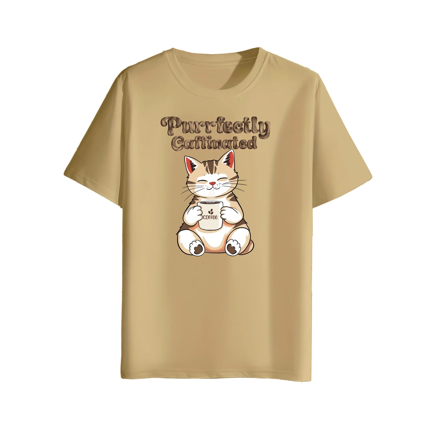 Beige t-shirt with a cartoon cat holding a coffee cup and text 'Purr-fectly Catinated' on a white background