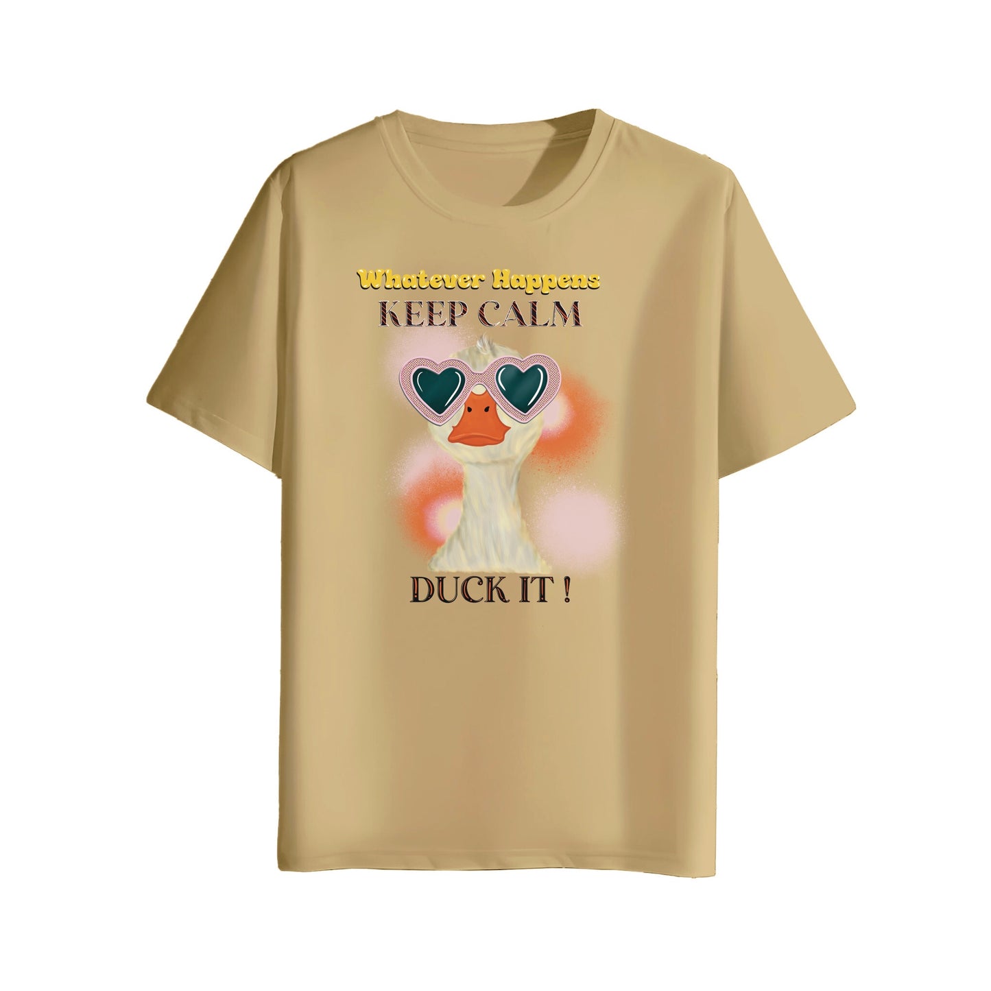 Beige t-shirt with a cartoon duck design and text on a white background