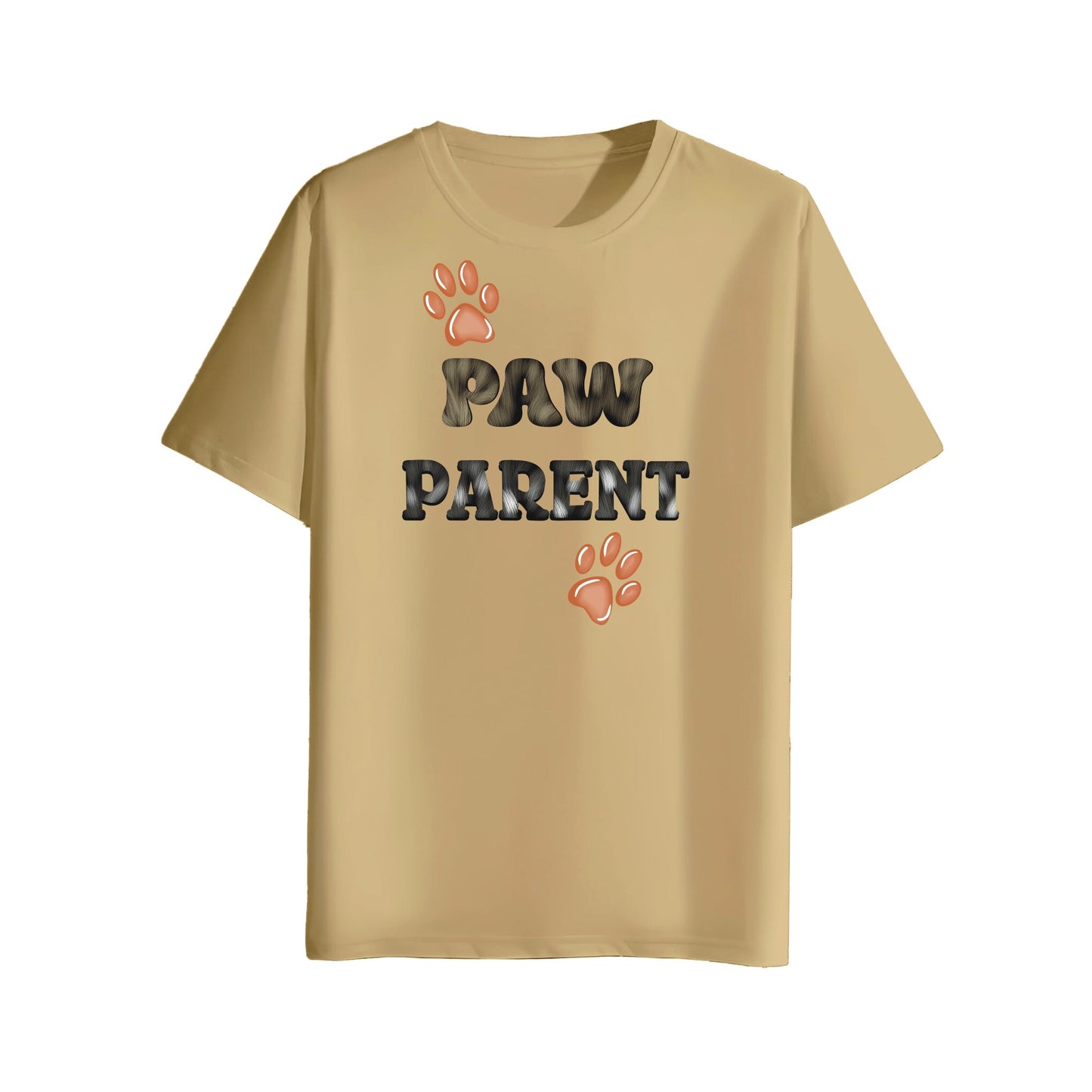 Beige t-shirt with 'PAW PARENT' text and paw prints on a white background