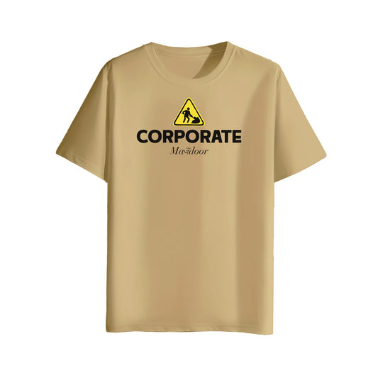 Beige t-shirt with 'CORPORATE' and a logo on a white background