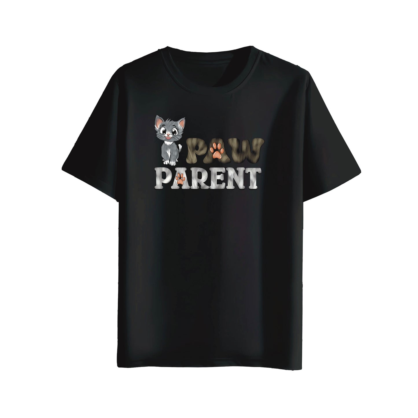 Black t-shirt with 'Paw Parent' text and cat graphic on a white background