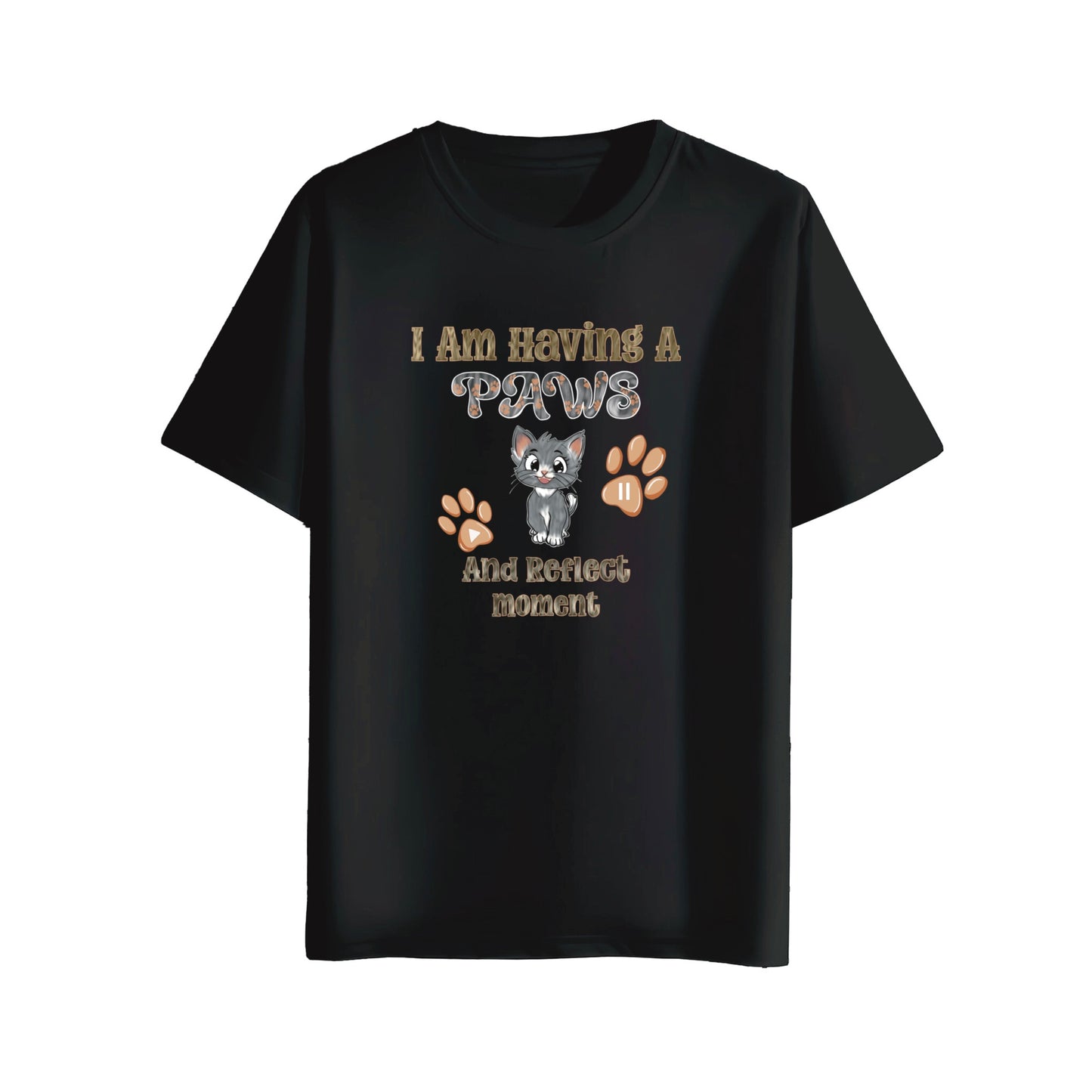 Black t-shirt with a graphic of a cat and text on a white background