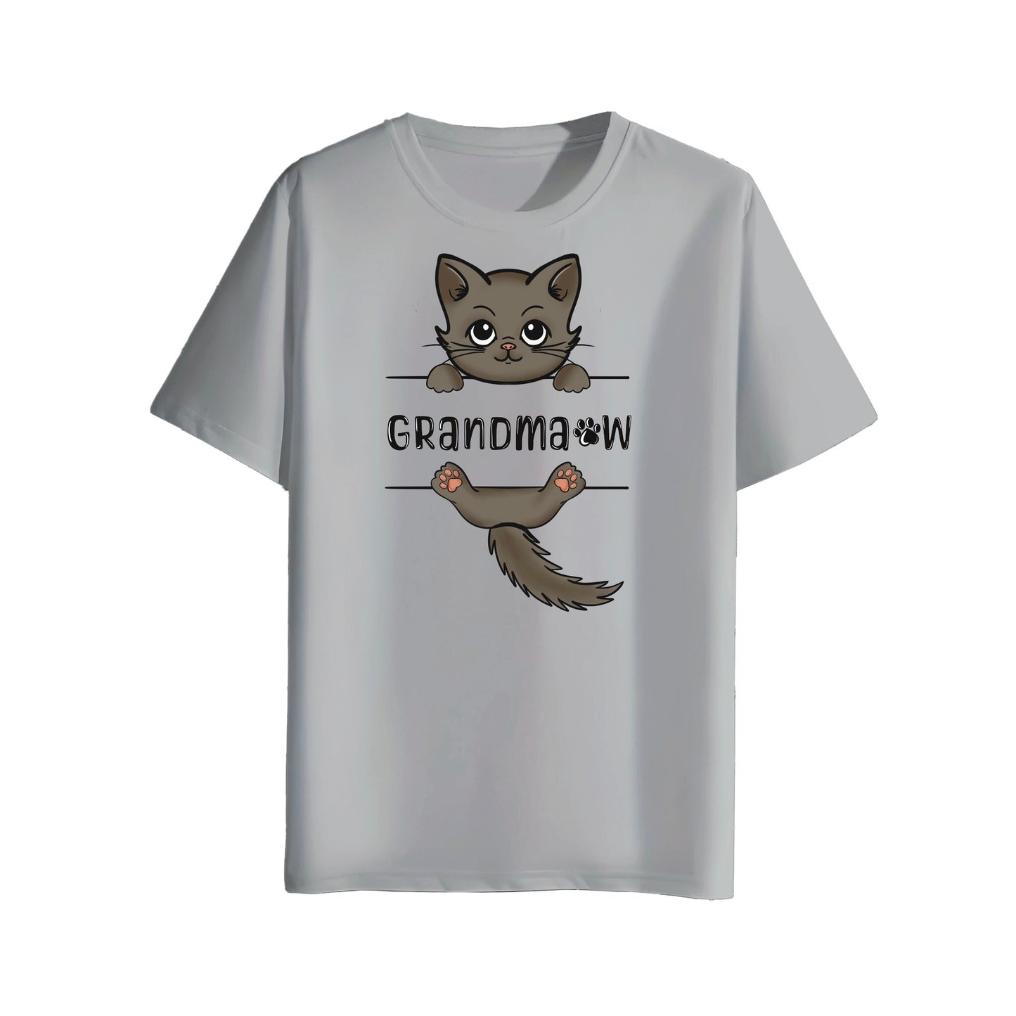 Gray t-shirt with a cartoon cat and 'Grandma' text on a white background