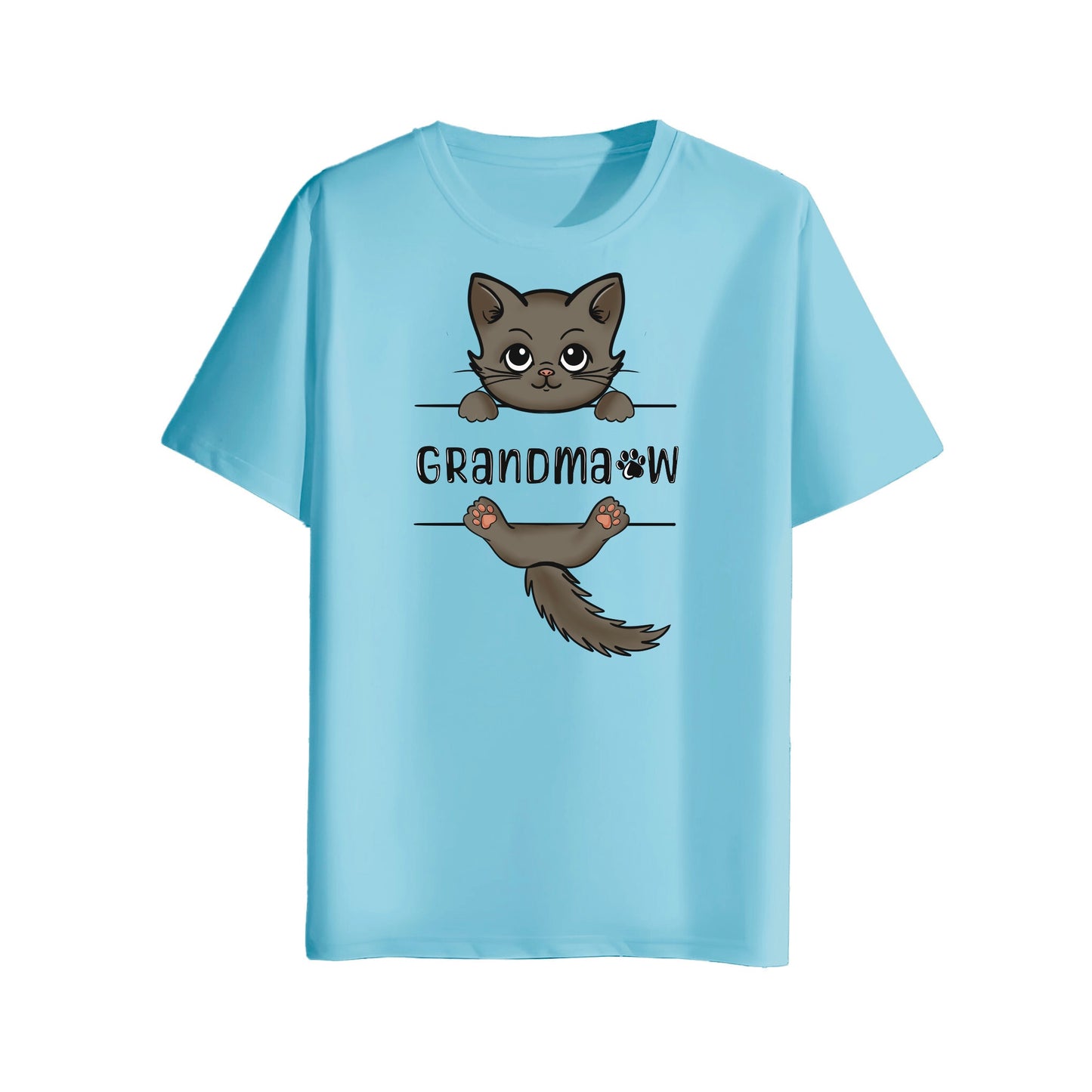Light blue t-shirt with a cat graphic and 'Grandma' text on a white background