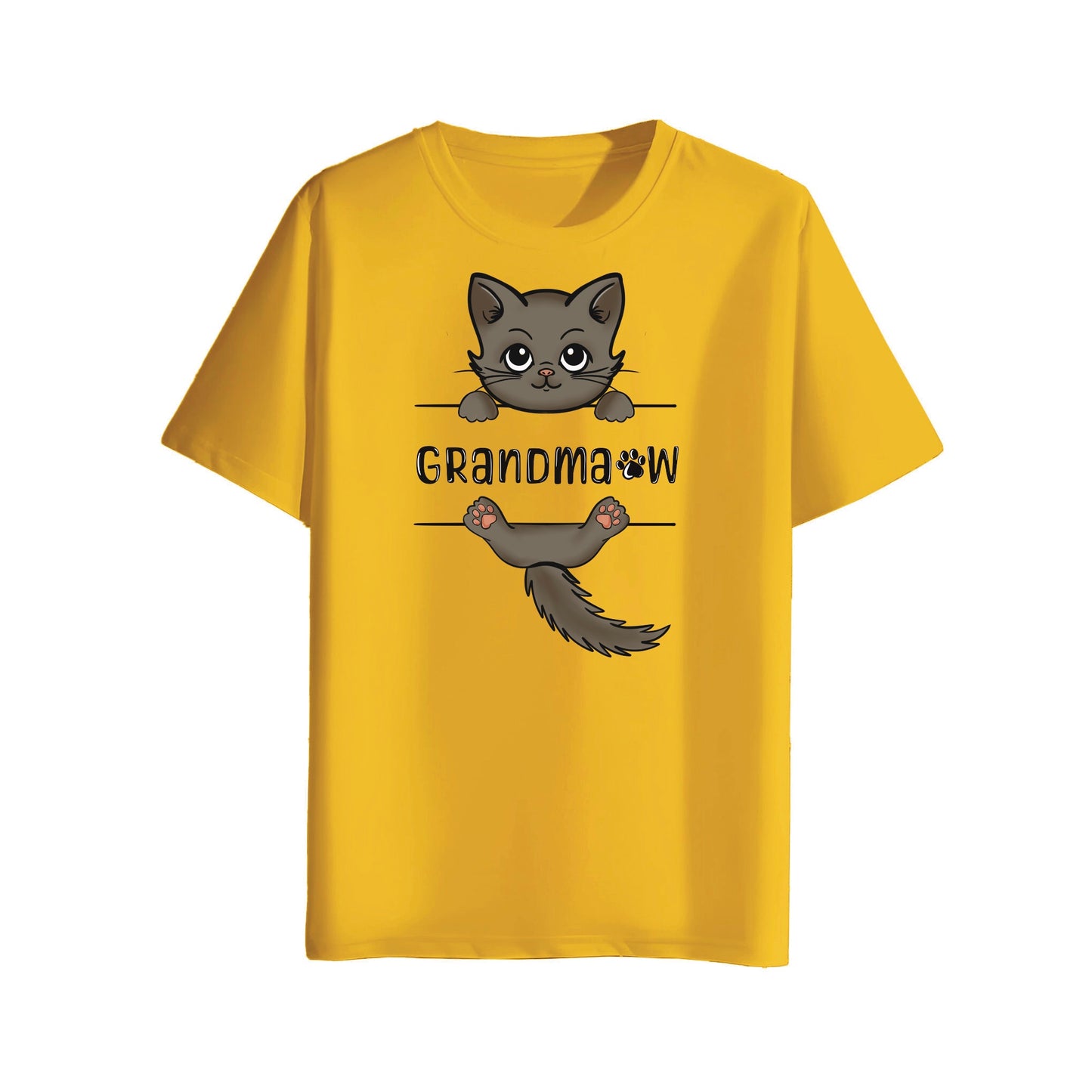 Yellow t-shirt with a graphic of a cat and text on a white background