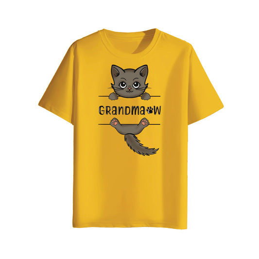 Yellow t-shirt with a graphic of a cat and text on a white background