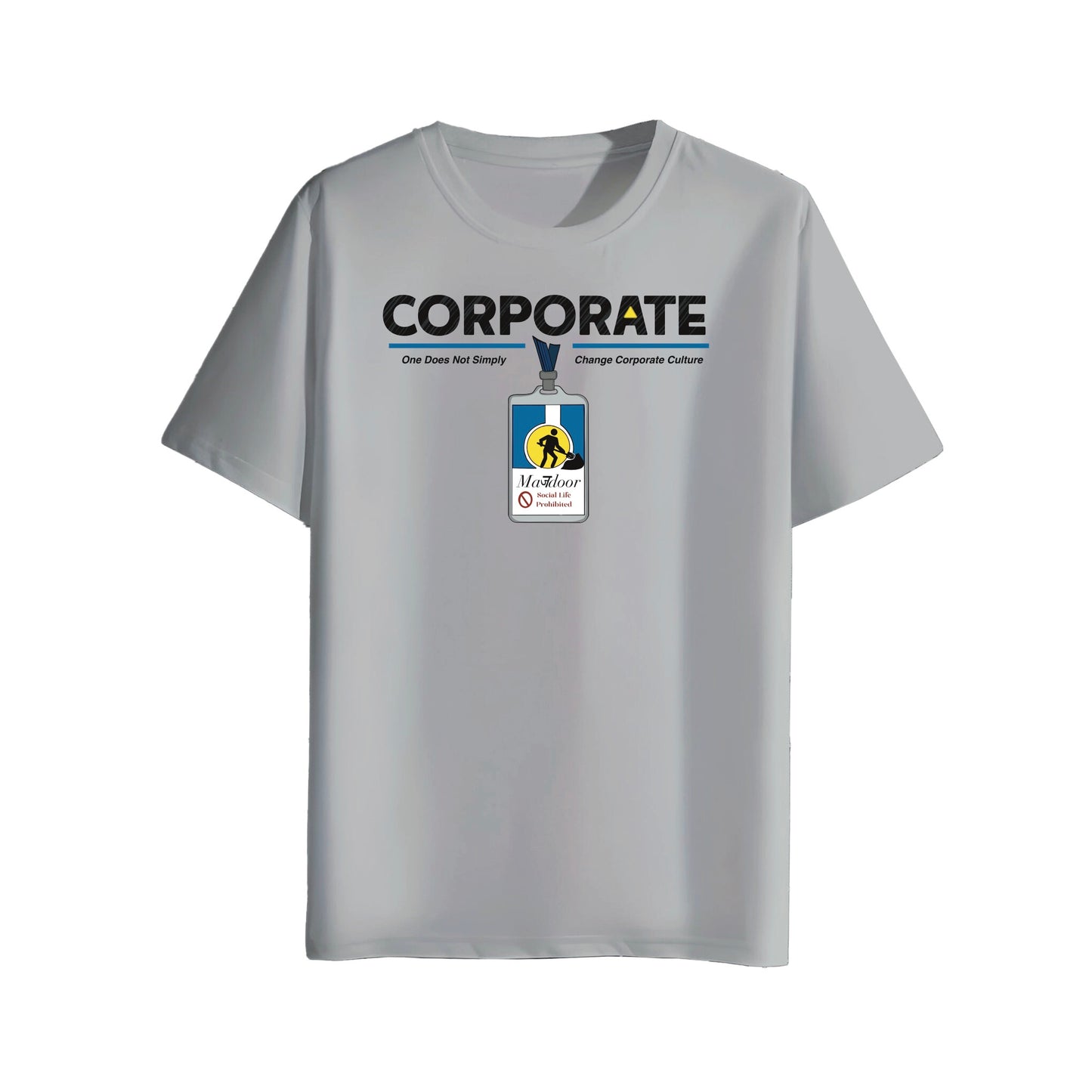 gray t-shirt with a graphic design of corporate mazdoor id badge  on a white background